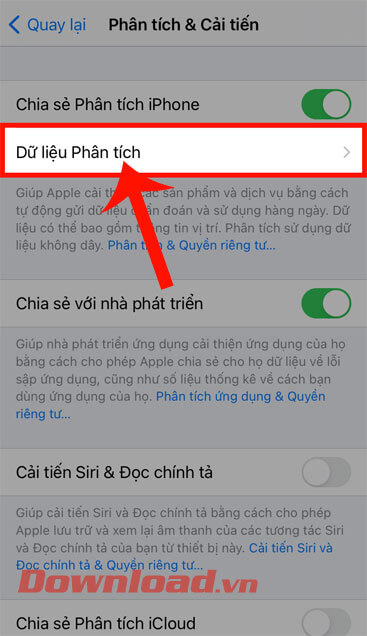 Ấn vào mục Dữ liệu phân tích 
