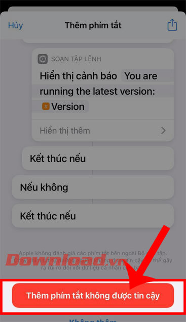 Nhấn vào nút Thêm phím tắt không được tin cậy