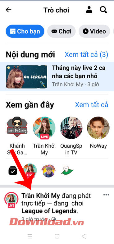 Chọn video trực tiếp để xem