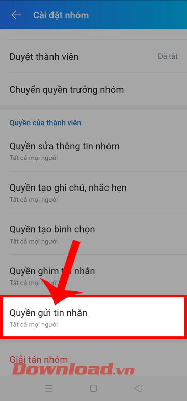 Chạm vào mục Quyền gửi tin nhắn