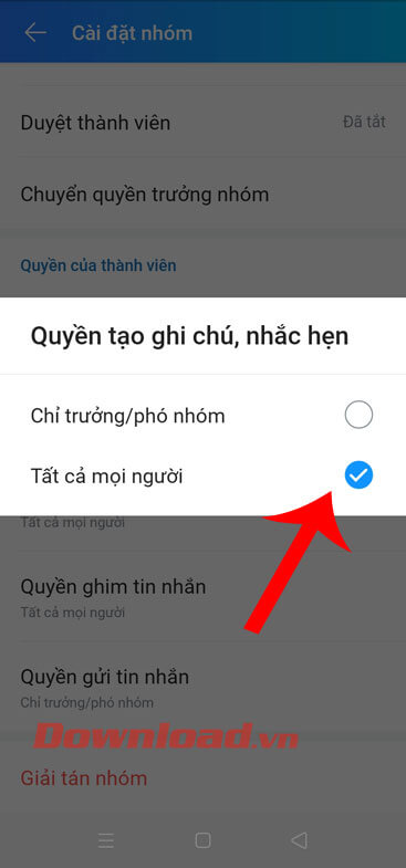 thiết lập quyền gửi tin nhắn trong nhóm