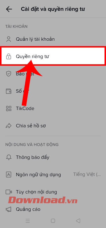 Nhấn vào mục Quyền riêng tư
