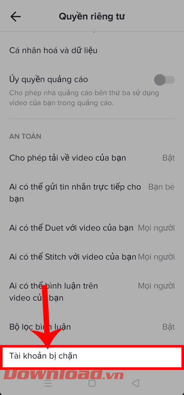 Ấn vào mục Tài khoản bị chặn