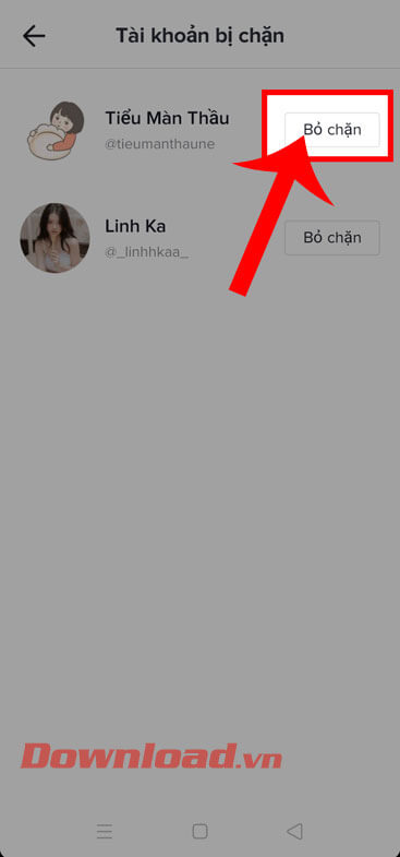 Chạm vào nút Bỏ chặn