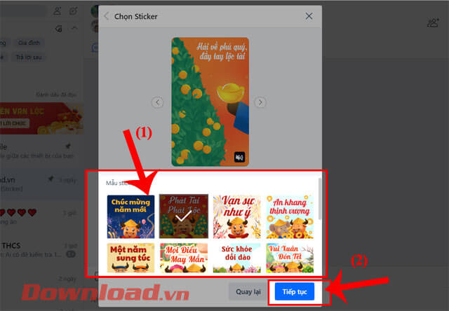Chọn sticker và ấn nút Tiếp tục