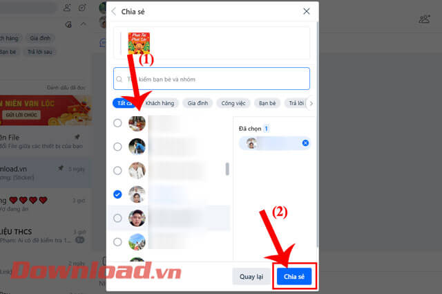 Chọn tài khoản Zalo gửi sticker, rồi nhấn nút Chia sẻ