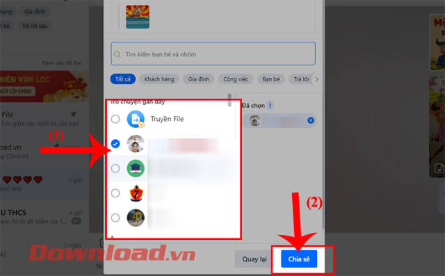 Nhấn vào tài khoản Zalo cần gửi