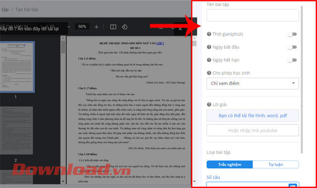 Thiết lập thông tin về bài tập