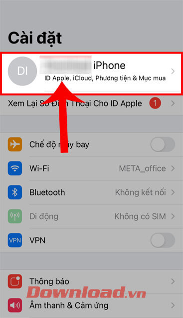 Nhấn vào tài khoản iCloud