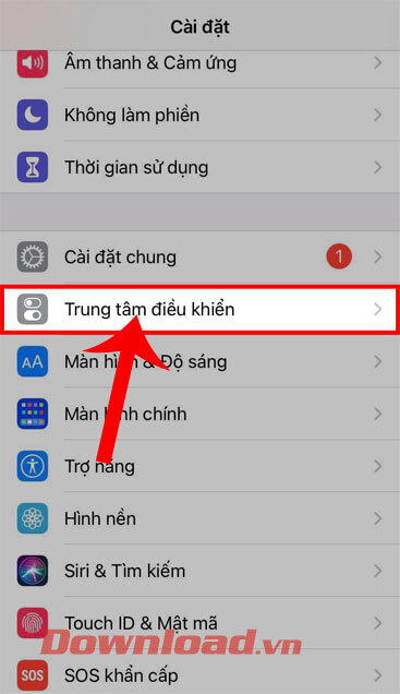 Nhấn vào mục Trung tâm điều khiển