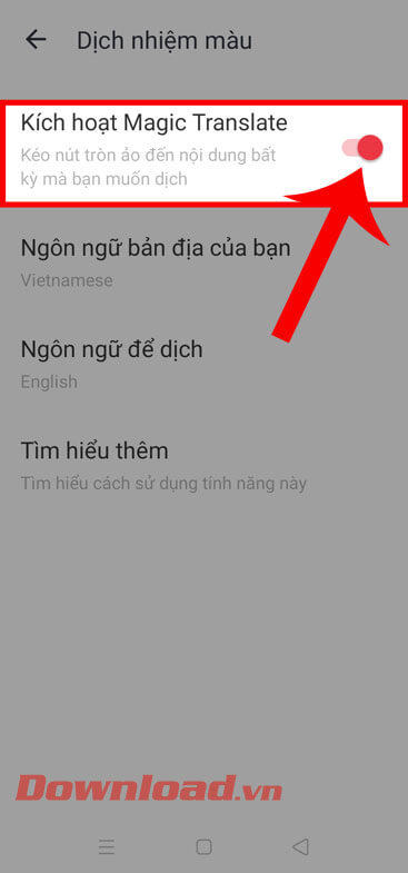 Gạt công tắc Kích hoạt Magic Translate