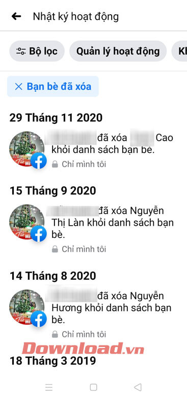Danh sách bạn bè đã hủy kết bạn