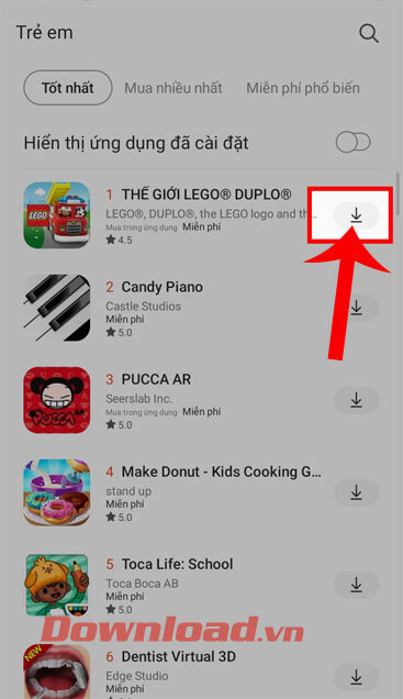 Chạm vào biểu tượng mũi tên đi xuống