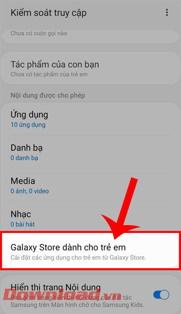 Chạm vào mục Galaxy Store dành cho trẻ em 