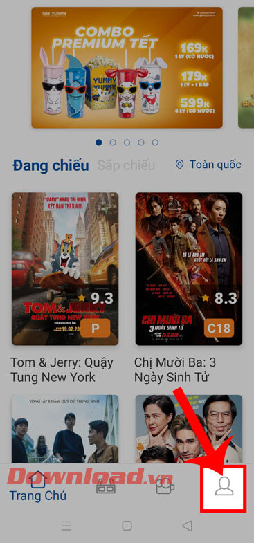 Nhấn vào biểu tượng tài khoản 