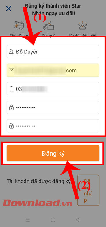 Nhập thông tin của tài khoản 