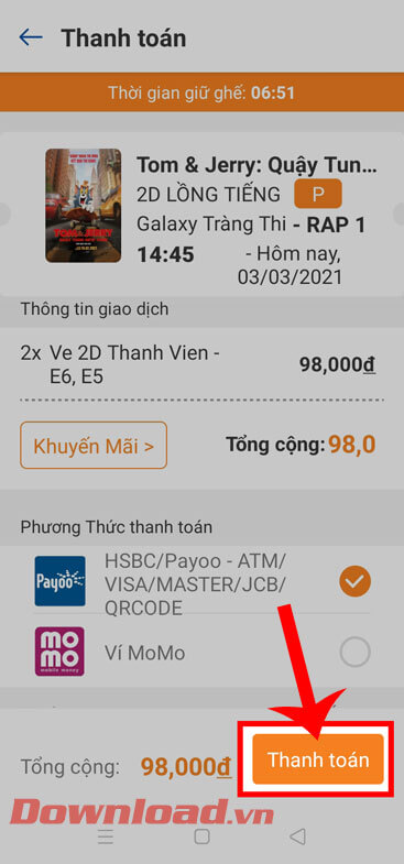 Ấn vào nút Thanh toán 