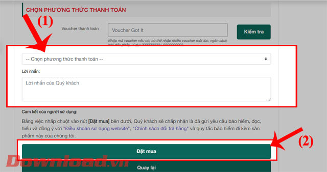 Chọn hình thức thanh toán, ấn vào nút Đặt mua