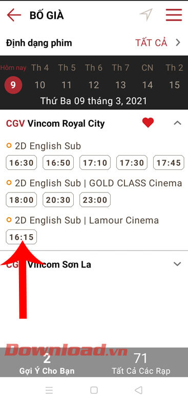 Chọn rạp và thời gian chiếu phim
