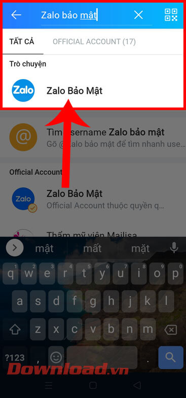Nhập từ khóa "Zalo bảo mật"