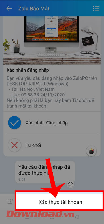 Ấn vào nút Xác thực tài khoản