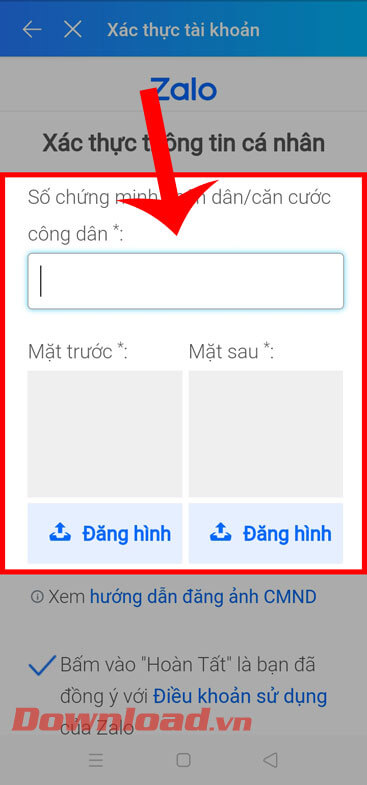 Điền số và chụp 2 mặt CMND/thẻ CCCD