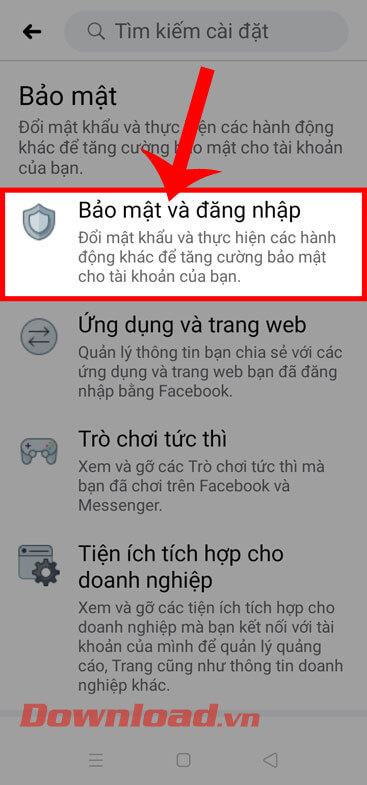 Nhấn vào mục Bảo mật và đăng nhập