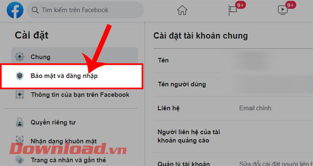 Click chuột vào nút Bảo mật và đăng nhập