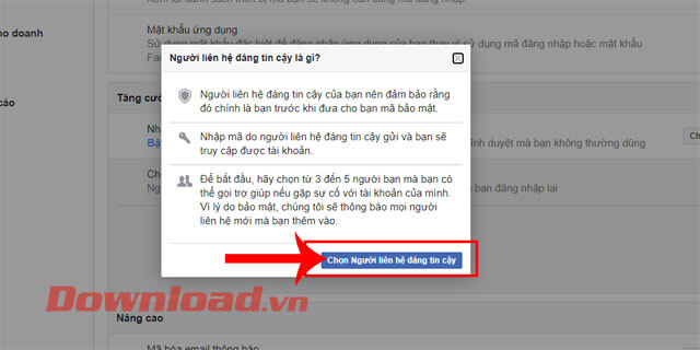 Ấn vào nút Chọn người liên hệ tin cậy
