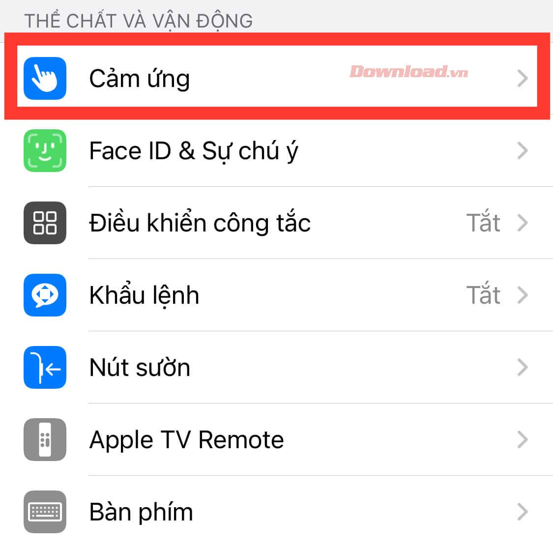 Chạm Touch trong cài đặt iPhone
