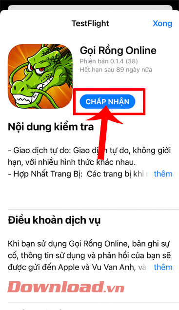 Chạm vào nút Chấp nhận