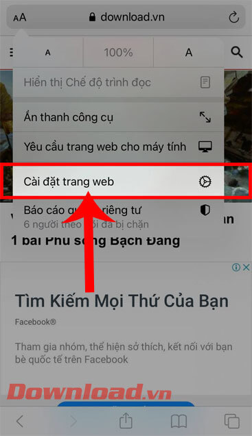Ấn vào mục Cài đặt trang web
