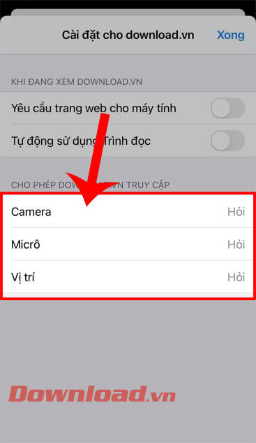 Chọn quyền cho phép truy cập