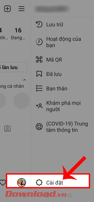 Chạm vào mục Cài đặt