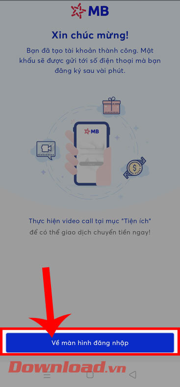 Ấn vào nút Về màn hình đăng nhập