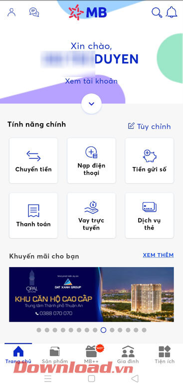 Tài khoản MB Bank đã được tạo và đăng nhập