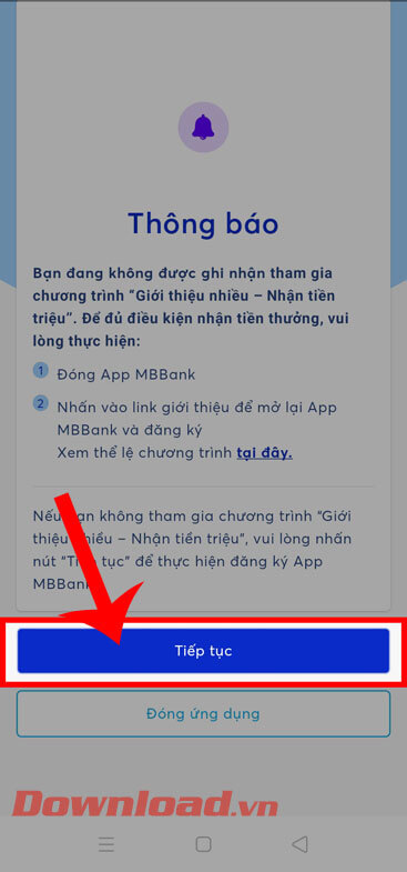 Nhấn vào nút Tiếp tục