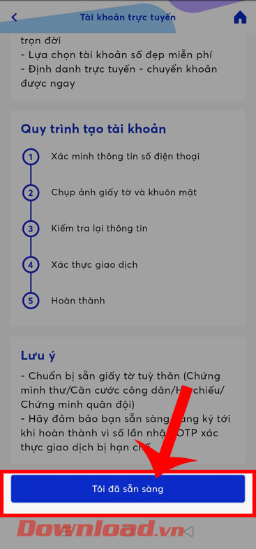 Chạm vào nút Tôi sẵn sàng