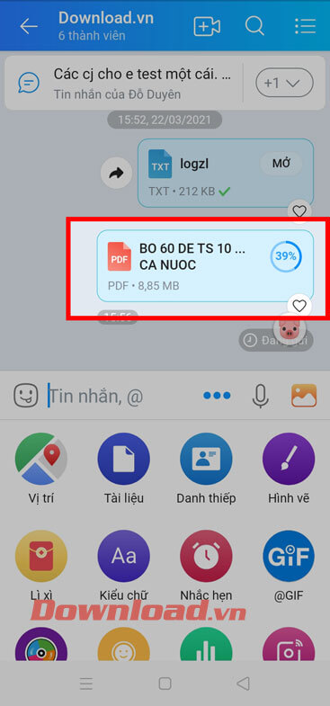 Đợi một lát để file được gửi đi