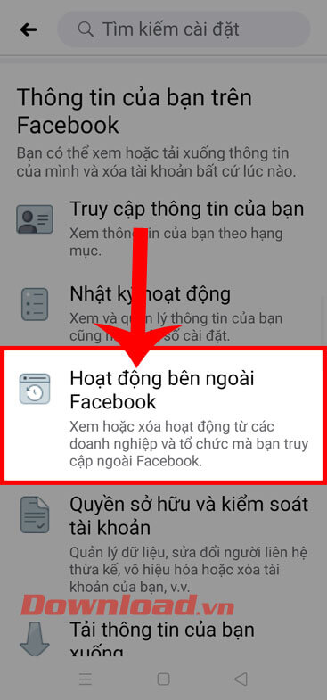 Chạm vào mục Hoạt động bên ngoài Facebook