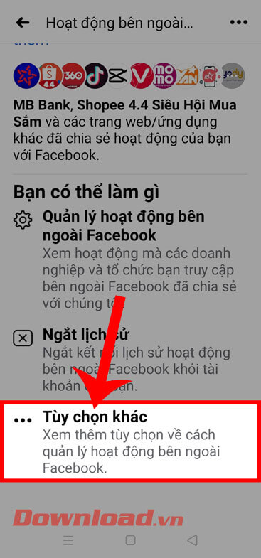 Ấn vào mục Tùy chọn khác
