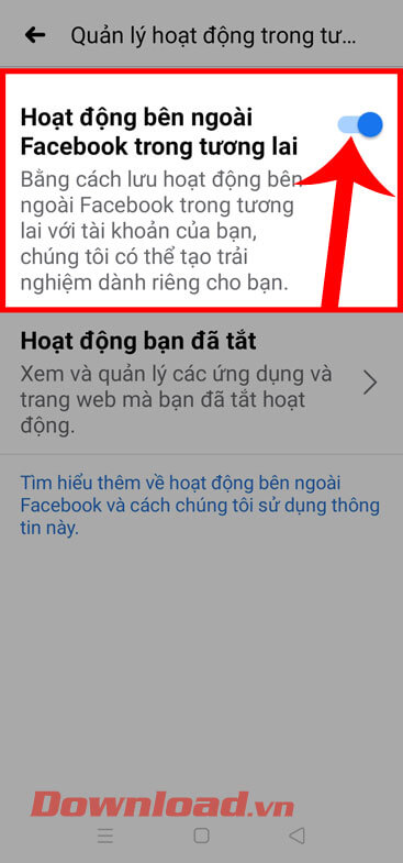 Gạt công tắc tại mục Hoạt động bên ngoài Facebook trong tương lai