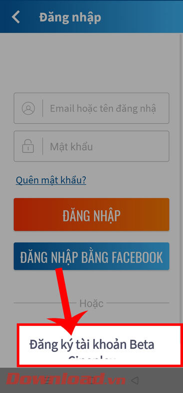 Ấn vào nút Đăng ký tài khoản Cinemas