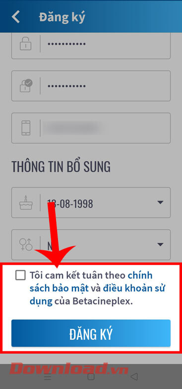 Chạm vào nút Đăng ký 