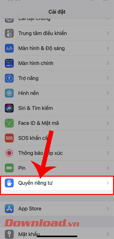 Nhấn vào mục Quyền riêng tư