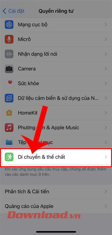 Ấn vào mục Di chuyển & Thể chất