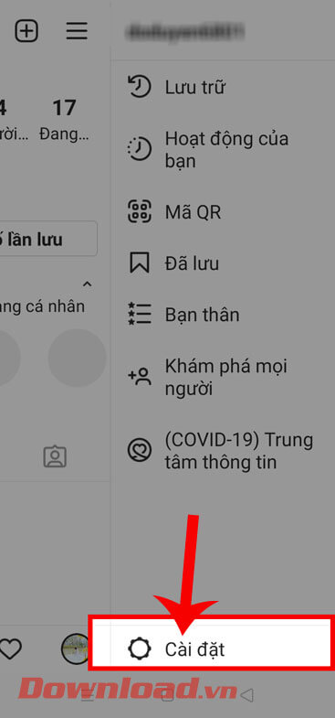 Chạm vào mục Cài đặt