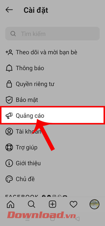 Ấn vào mục Quảng cáo