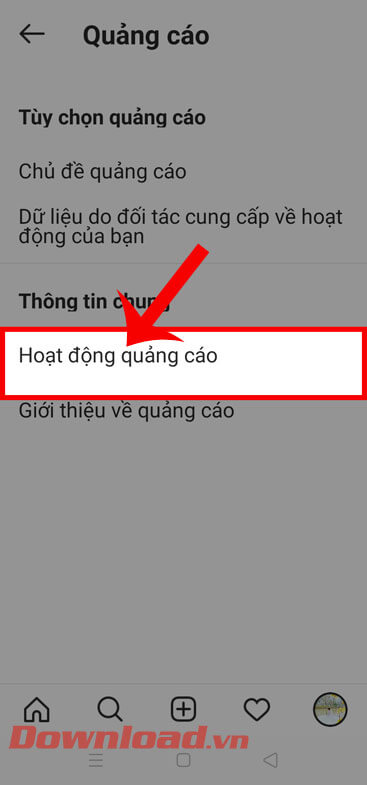 Nhấn vào mục Hoạt động quảng cáo