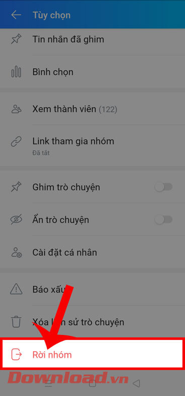 Chạm vào nút Rời nhóm